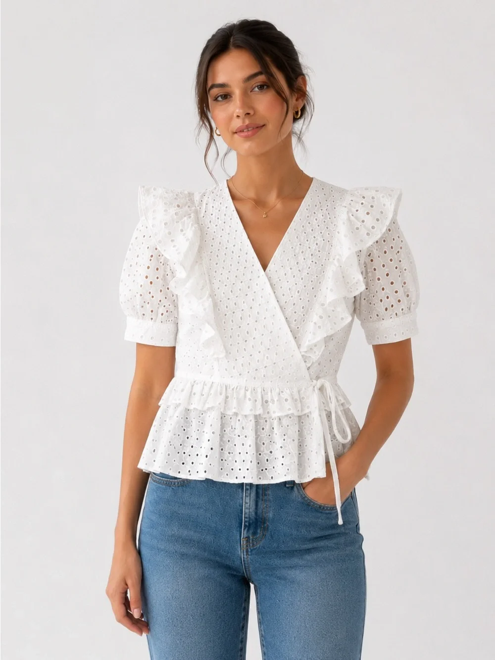 J. Crew White Puff Sleeve Wrap Blouse